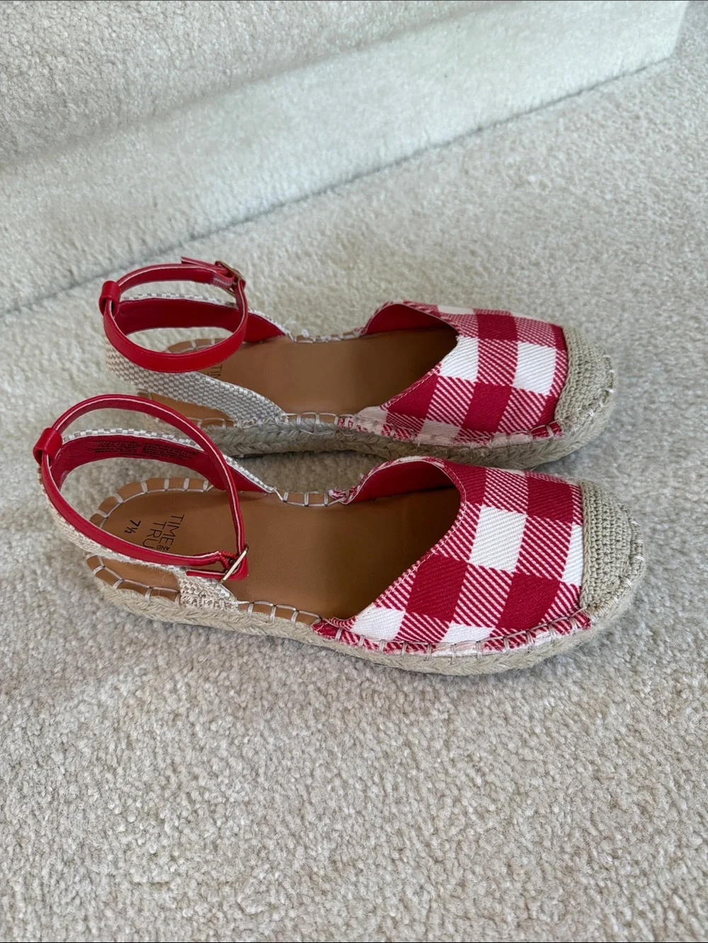 Time and Tru Red and White Gingham Espadrille Sandals with Ankle Strap